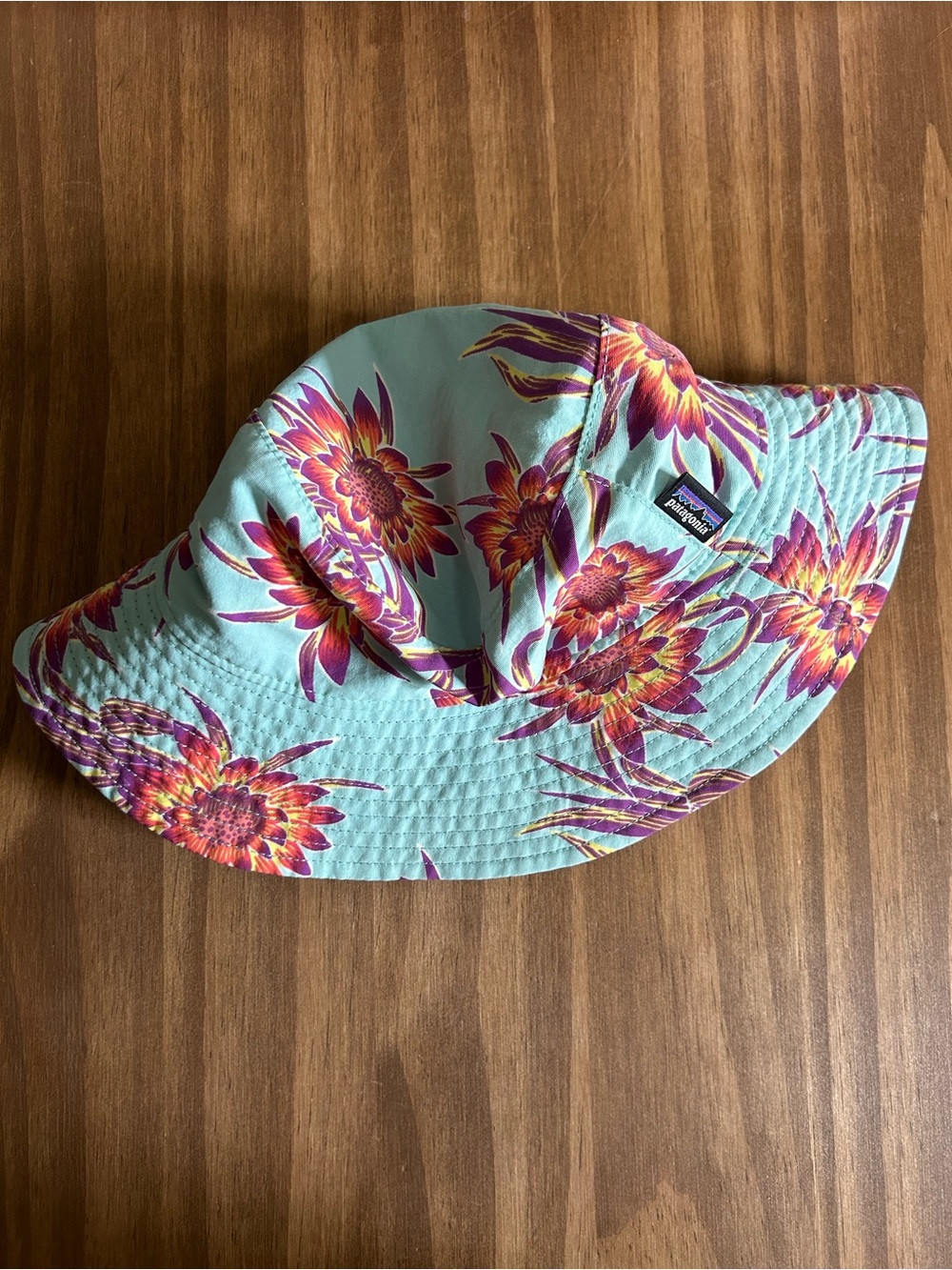 Patagonia Baby Reversible Aqua Bucket Hat with Pink & Orange Floral Print
